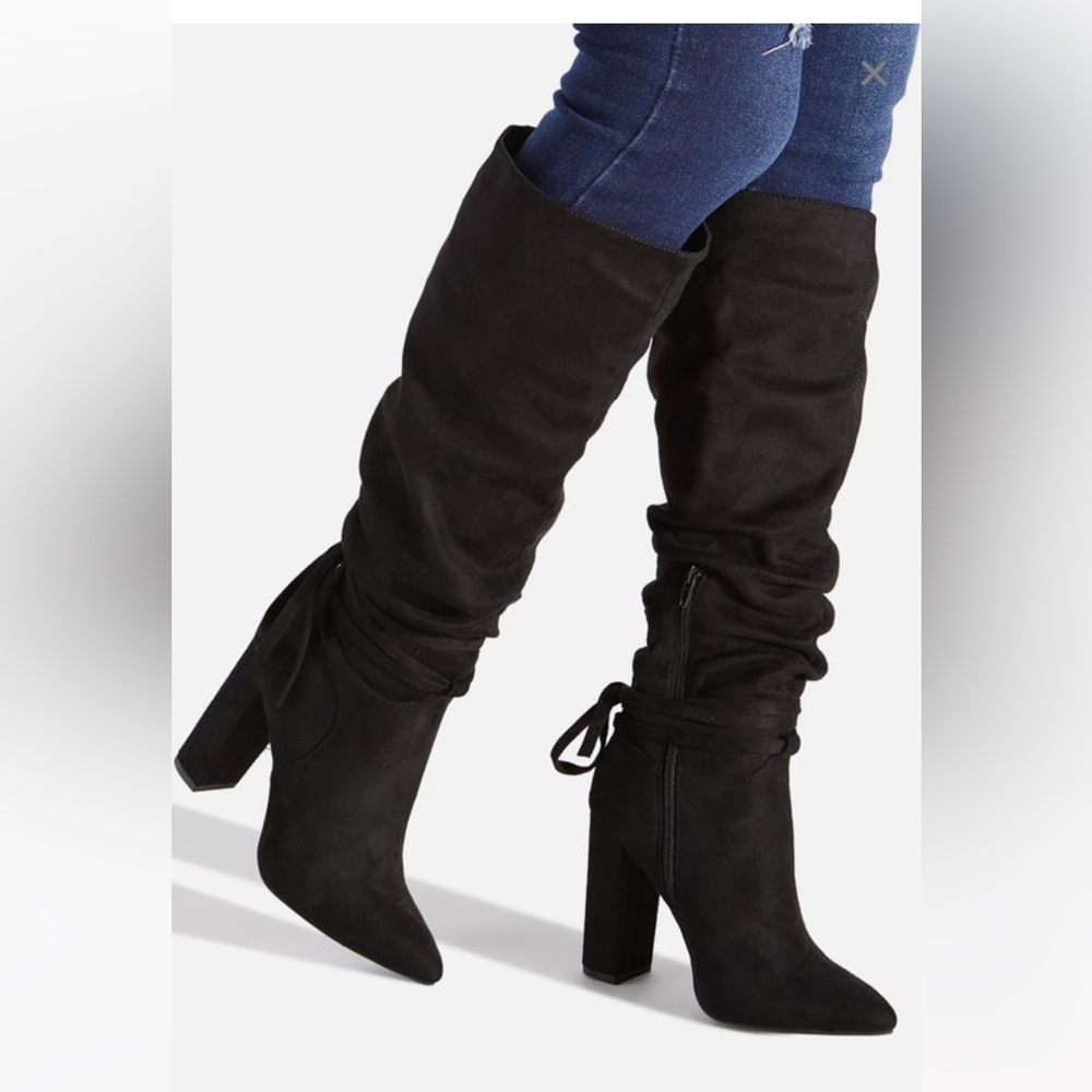 JustFab Aisha Slouchy Lace Up Black Heeled Boots